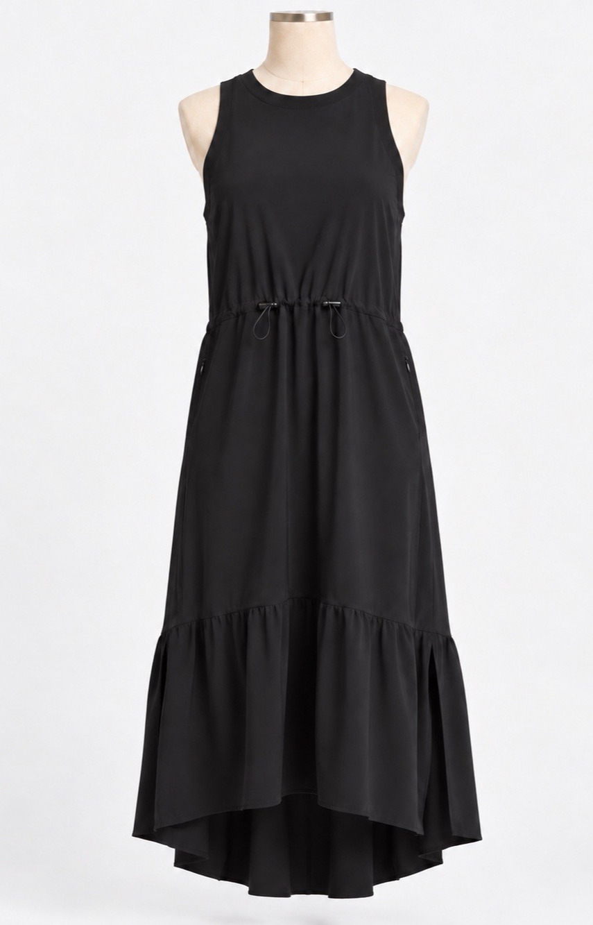 Zella Pursuit Tiered Midi Dress Medium Black Racerback Pocket Hi Low Lightweight